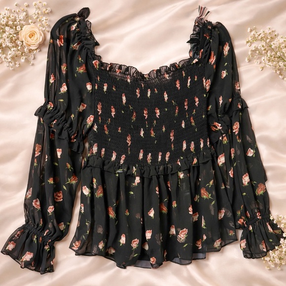 Stylekeepers Tops - Smocked Black Floral Long-Sleeve Peasant Blouse Large